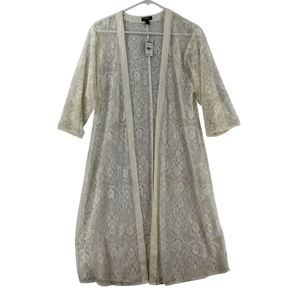 Express Kimono Jacket Womens XS/S Ivory Lace Sheer Long Duster Boho Open‎ Front